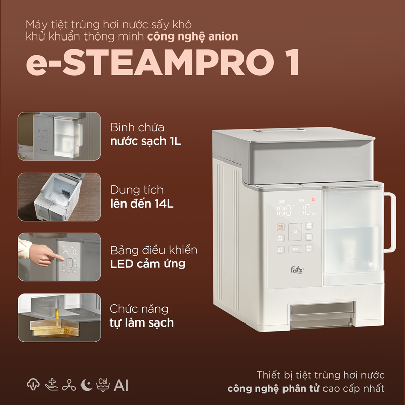 Máy tiệt trùng hơi nước sấy khô khử khuẩn thông minh công nghệ Anion e-STEAMPRO 1 FB4929BT 36 May tiet trung hoi nuoc say kho khu khuan thong minh cong nghe anion e steampro 1 1 800